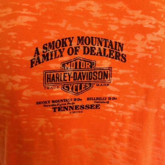 Harley Davidson DEALERSHIP  T-Shirt Orange V NECK Smokey Mountain Size XXL e5 - Picture 4 of 8